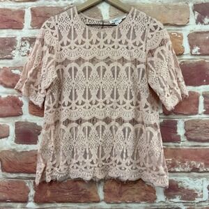 BCBG Generation Top Women's Large Pink Boho Chic Embroidered Mesh Lace Shirt